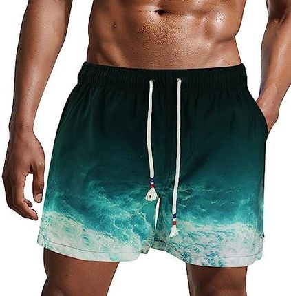 [AP] Danfiki Męskie kąpielówki, szybkoschnące, krótkie spodenki plażowe, sportowe spodnie do pływania z podszewką z siateczki, Zielony ocean, M