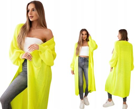 Żółty neon kardigan damski oversize z długimi rękawami i kieszeniami