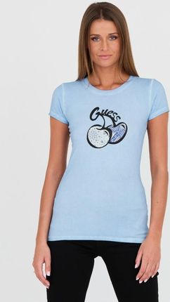 GUESS Niebieski t-shirt z printem i cyrkoniami, Rozmiar XS