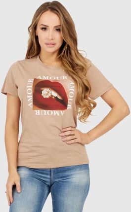 GUESS Beżowy t-shirt damski z nadrukiem amour, Rozmiar S
