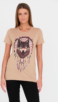 GUESS Brązowy t-shirt z wilkiem, Rozmiar S