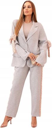 Komplet damska z wiskozą - marynarka z klapami i spodnie z lampasem szary