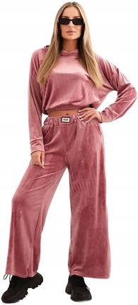 Komplet dresowy damska z weluru z szerokimi nogawkami i bluzą ciemny różowy