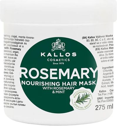 KALLOS ROSEMARY MASKA NAWILŻAJĄCA DO WŁOSÓW Z EKSTRAKTEM Z ROZMARYNU I MIĘTY 275ML