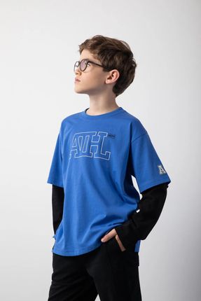 Koszulka z długim rękawem kobaltowa bawełniana z dwuwarstwowym rękawem