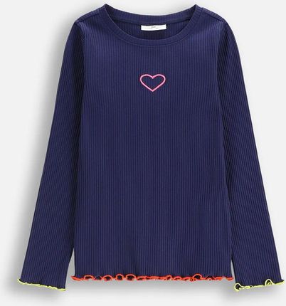 T-shirt prążkowany z długim rękawem granatowy z ozdobnym haftem