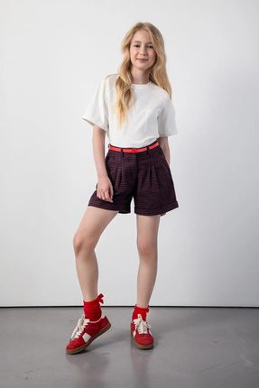 Spodenki tkaninowe wielokolorowe w kratę z ozdobnym paskiem