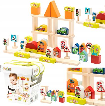 Cubika Zestaw Klocki Drewniane Budowalne Edukacyjne Pojazdy Autka Znaki Drogowe 55 El.