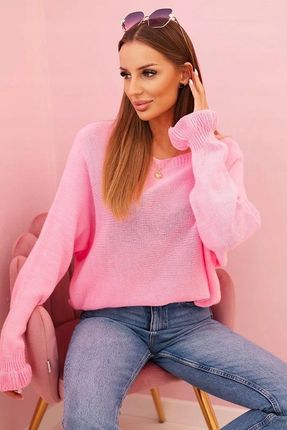 Sweter Damski Jasnoróżowy Moherowy Włoski Z Wycięciem na Plecach Luźny SML