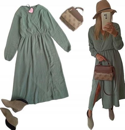 Sukienka muślinowa długa bawełna khaki rozcięcie