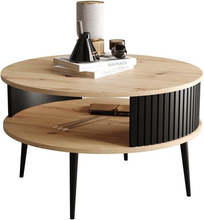 Meblowapaczka Stolik Kawowy Okrągły Moonday - Dąb Artisan/Lamele Czarne
