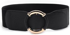 Pasek Damski Czarny Elastyczny Szeroki Sk�ra Ozdobna Okr�g�a Z�ota Klamra