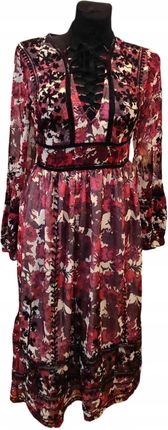 TOPSHOP Sukienka za Kolano Midi Stylowa Letnia W Kwiaty Czerwona 36