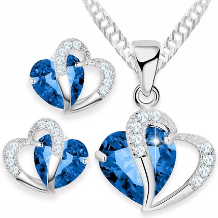 Larezo Zestaw Biżuterii Srebrnej Kolczyki I Naszyjnik Niebieski Z Sercem Serduszka