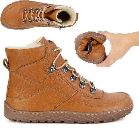 Buty barefoot zimowe damskie skórzane ocieplane wełną na zamek rude1292