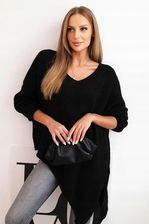 Zdjęcie Sweter damski asymetryczny oversize V-neck czarny Plus Size - Bełchatów