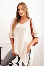 Zdjęcie Sweter damski asymetryczny oversize V-neck jasny beż Plus Size - Łódź
