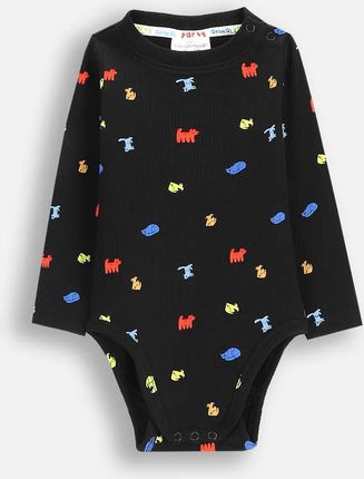 Body z długim rękawem czarne z nadrukiem w kolorowe zwierzątka