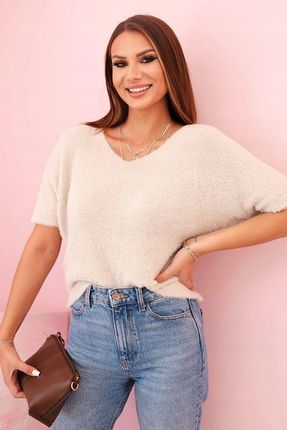 Sweter damski beżowy z włosia, dekolt V, krótki rękaw, elegancki