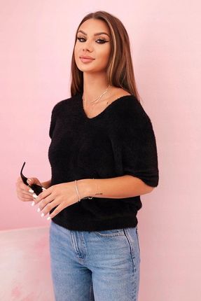 Sweter damski czarny z dekoltem V krótki rękaw puszysty włos