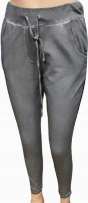 SPODNIE z kieszeniami i lampasami z eko skóry FASHION STYLE szare