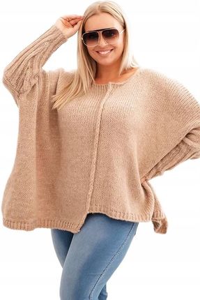 Camelowy sweter damski oversize Plus Size z asymetrycznym dołem