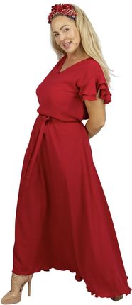 Długa sukienka wiązana w pasie z krótkim rękawem z falbanką CELINA