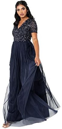 [AC] Maya Deluxe Damska sukienka dla gości weselnych plus size imperium wysoka talia cekiny krótki rękaw wieczór druhna, granatowy, 42