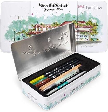 Tombow Urban Sketching Set Japan Edition Wysokiej Jakości Pisaki Artystyczne I Instrukcje Pisaki Pędzelkowe I Pędzel Do Akwareli Metalowe Pude