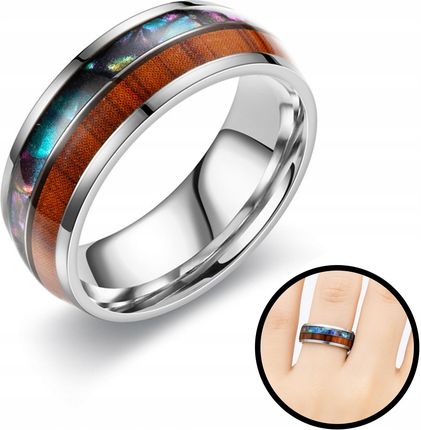 Pinkmelon 8MM SREBRNA OBRĄCZKA SYGNET IMITACJA MUSZLI DREWNA DREWNO STAL UNISEX R25