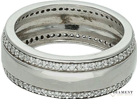 Srebrny pierścionek damski 925 szeroka obrączka wysadzana cyrkoniami