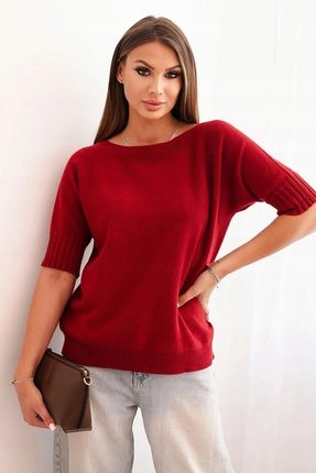 Sweter damski oversize bordowy, krótki rękaw, wiskoza i wełna, włoski