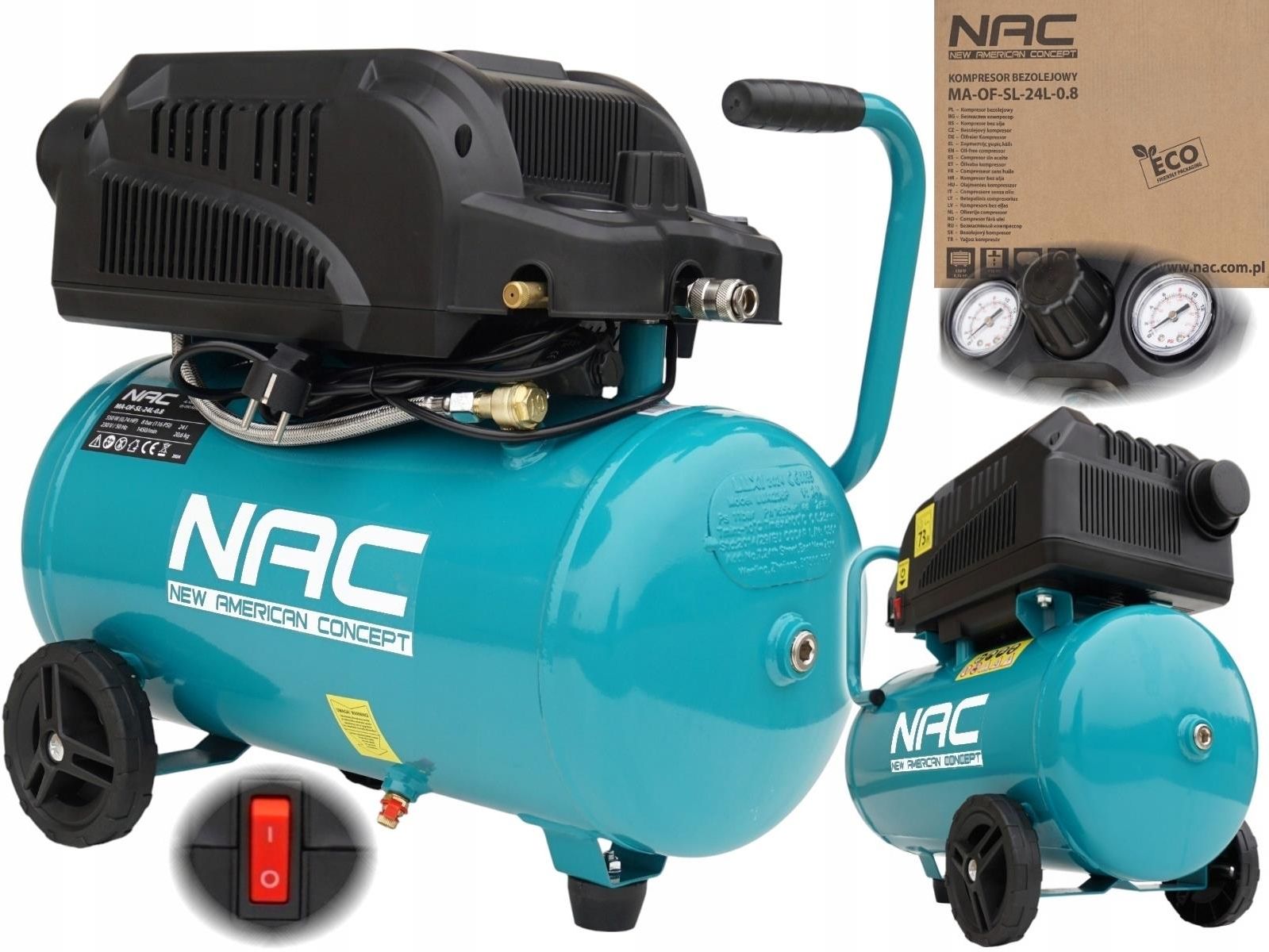 Nac Sprężarka Kompresor Bezolejowy Ma-Of-Sl-24L-0.8 24L Cichy 73Db