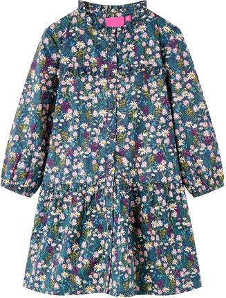 Dziecięca sukienka z falbankami, kwiatowy nadruk, 100% bawełna, ciemnoniebieska, 116