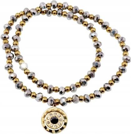 Aisadi Bransoletka Podwójna Złote I Szare Kulki Z Zawieszką Na Gumce Stal 316