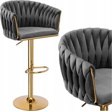 Zdjęcie Ehokery Hoker Obrotowy Regulowany Tapicerowany Pleciony Welur Złoty Krzesło Barowe (069648MG) - Mrocza