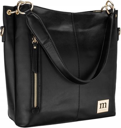 Torebka Monnari Shopper Na Ramię Listonoszka Czarna Długi Pasek Złote Logo