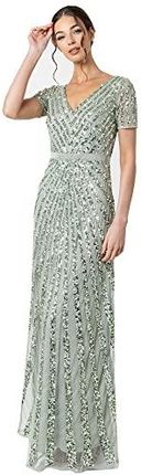 [AC] Maya Deluxe Damska sukienka maxi, damska, z wyszywanymi cekinami, z długim rękawem, dekolt w serek, wysoka talia, krój A, błyszcząca, na studniów