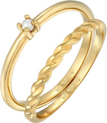Elli Damski Klasyczny i Skręcony zestaw 2 częściowy z koralikami szklanymi pozłacane srebro 925 Sterling Silver Pierścionki 1 ct