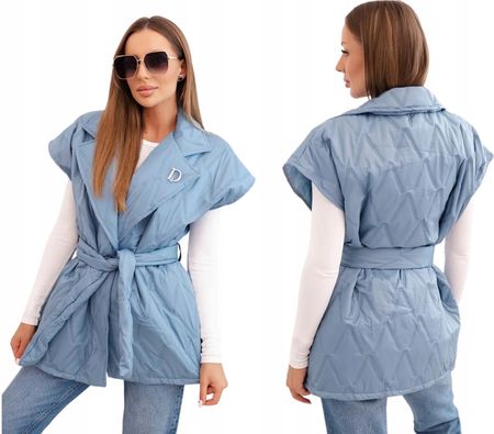 Kamizelka damska pikowana z paskiem i szerokim kołnierzem jeansowa