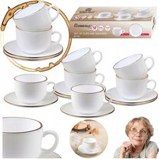 Zdjęcie Kinghoff Zestaw Filiżanek 12El. 210ml Ze Spodkami Złote Ranty Szkło Opalowe Prezent - Dobre Miasto