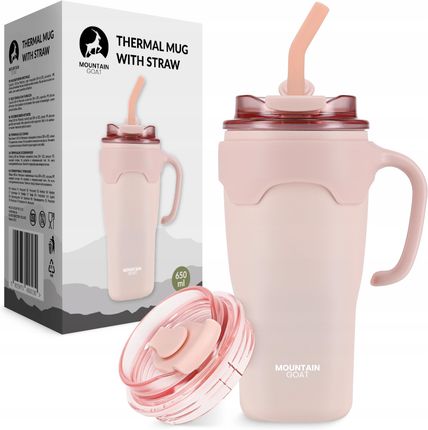 Mountain Goat Kubek Termiczny Ze Słomką Na Kawę Herbatę Napój Podróżny Szczelny 650Ml Różowy