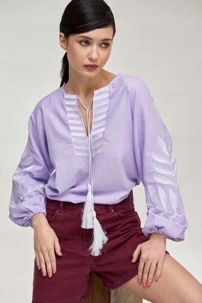 Koszula Bluzka Lawenda Haftowana Len+Bawełna L