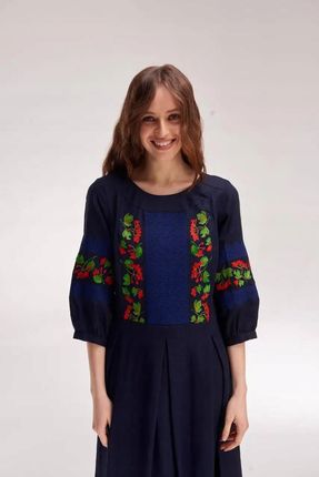 Suknia Haftowana Granatowa Czerwona Kalina Len+Bawełna S