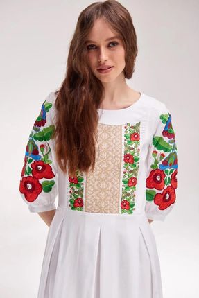 Suknia Haftowana Biała Czerwone Maki Len+Bawełna L