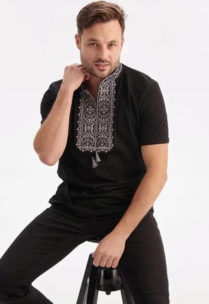 Męska Koszulka Polo Haftowana Folk Biało-Szary Haft R.L