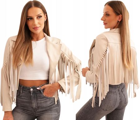 Beżowa kurtka damska z eko skóry z frędzlami