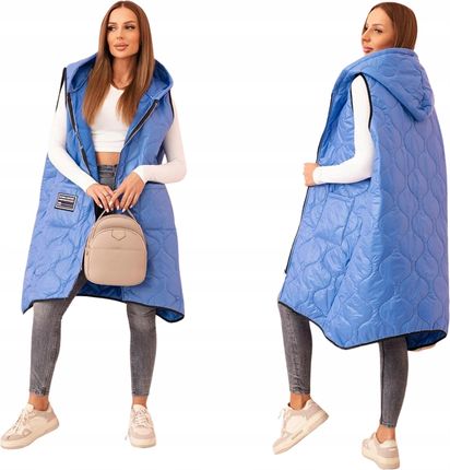 Jeansowa kamizelka damska pikowana z kapturem i kontrastową lamówką