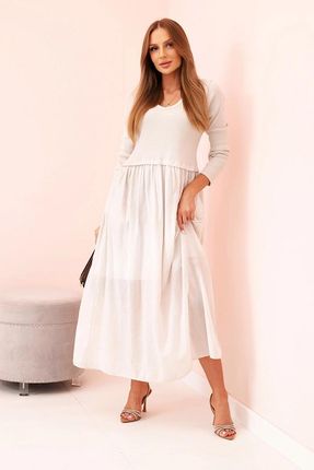 Sukienka damska z bawełną z długim rękawem i dekoltem V beżowa