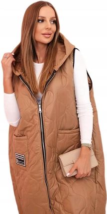 Kamizelka damska pikowana Plus Size z kapturem zapinana na zamek camelowa